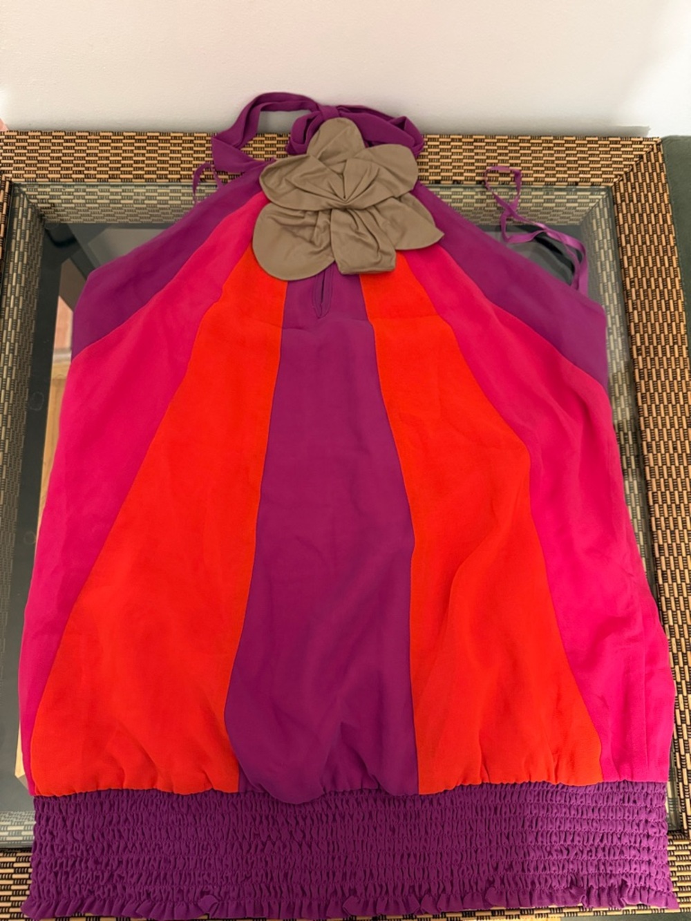 Arden B Colorblock Halter Top in Hot Pink, Purple and Red with Tan Accent